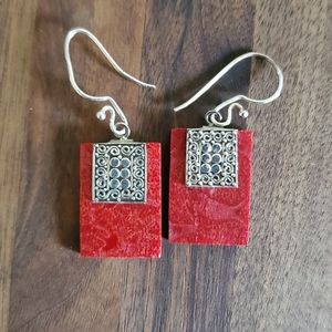 Red shell earrings with silver design